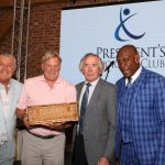 Glen Hoddle receiving his "Beat The Pro" prize from Peter Shilton, Pat Jennings and Frank Bruno