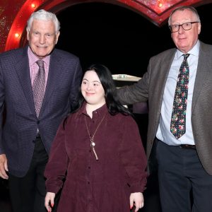 Sir Trevor Brooking and Ellie Goldstein with Mike Jackson